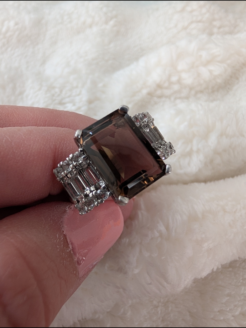 925 Sterling Silver Smoky Quartz Emerald Cut Ring with Baguette Accents Size 8
